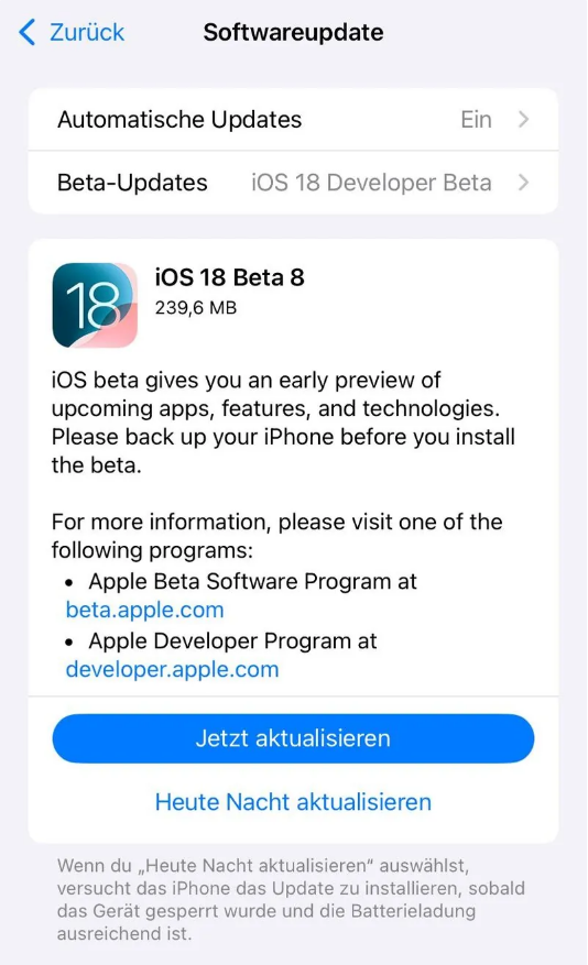 科尔沁右翼前苹果手机维修分享苹果 iOS / iPadOS 18 开发者预览版 Beta 8 发布 